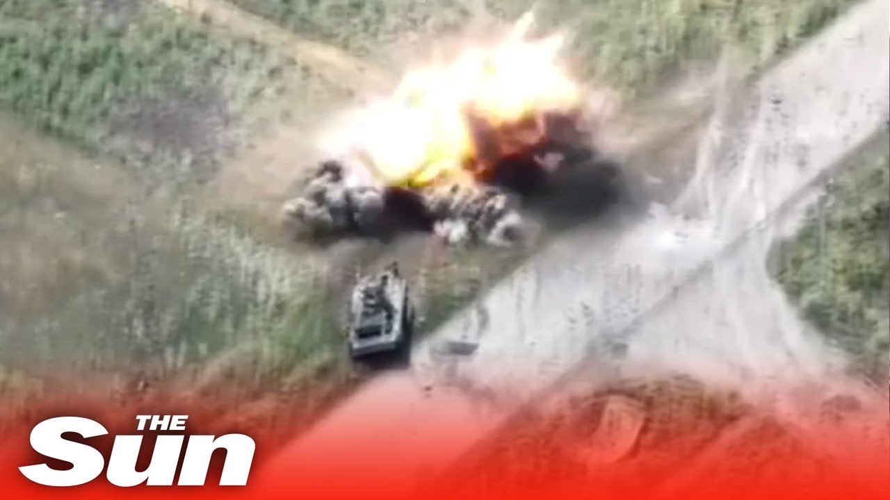 Fleeing Russian tank blown to pieces navigating Ukrainian minefield