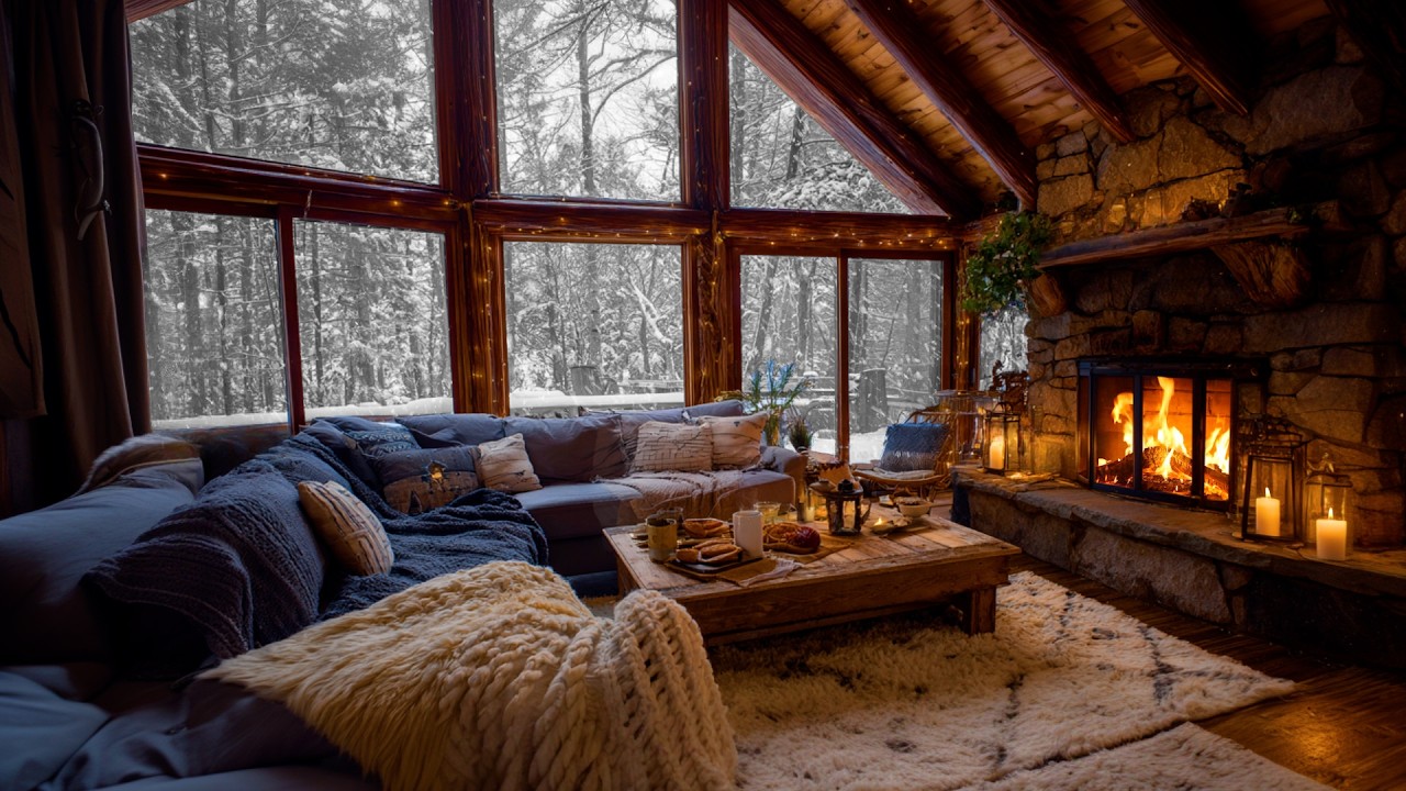 Snowy Winter Cabin Ambience with Fireplace Glow and Gentle Snowstorm for Sleep and Relaxation