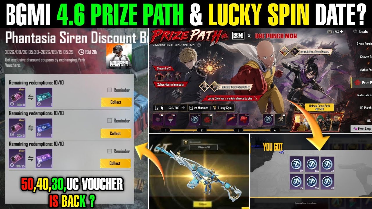 Bgmi Phantasia Spin 50,40,30 Uc Voucher Back Again? | Bgmi 4.6 Prize Path & Lucky Spin Release Date 