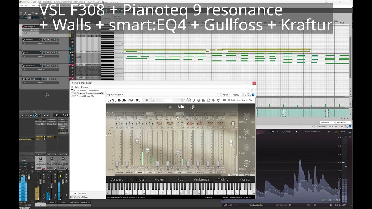 VSL F308 + Pianoteq 9 resonance + smart:EQ 4 + Walls  + Gullfoss + Kraftur