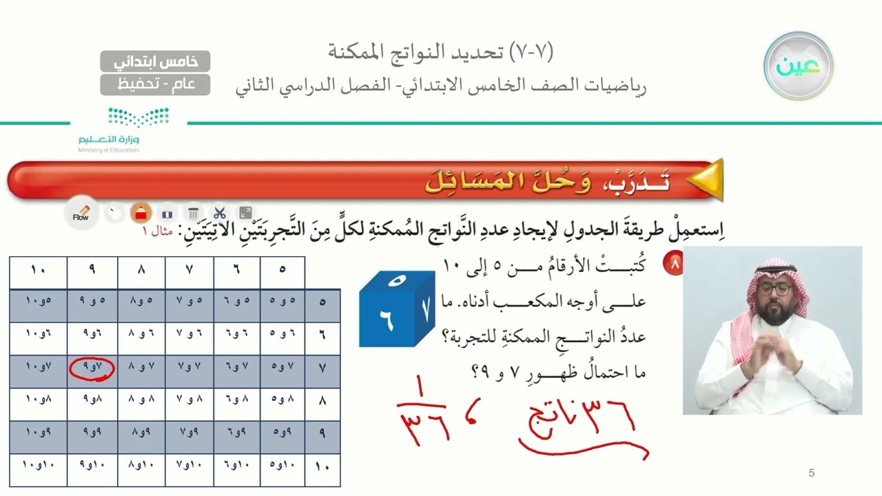 تحديد النواتج الممكنة 2 - الرياضيات - خامس ابتدائي