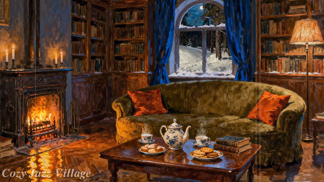 Peaceful 1930s Winter Library ❄️ Vintage Jazz & Crackling Fireplace Ambience (Snowy Night)