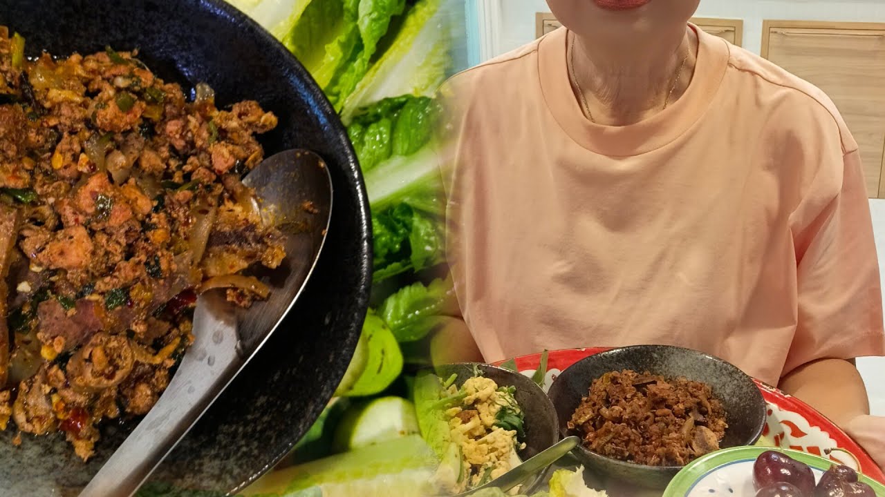 กินข้าวกับคั่วไข่ใส่ต้นหอมผักชีลาวลาบหมูผักสดหลายอย่างมาจ้ากันข้าวกับ#ป้ามัย ป้ามัย