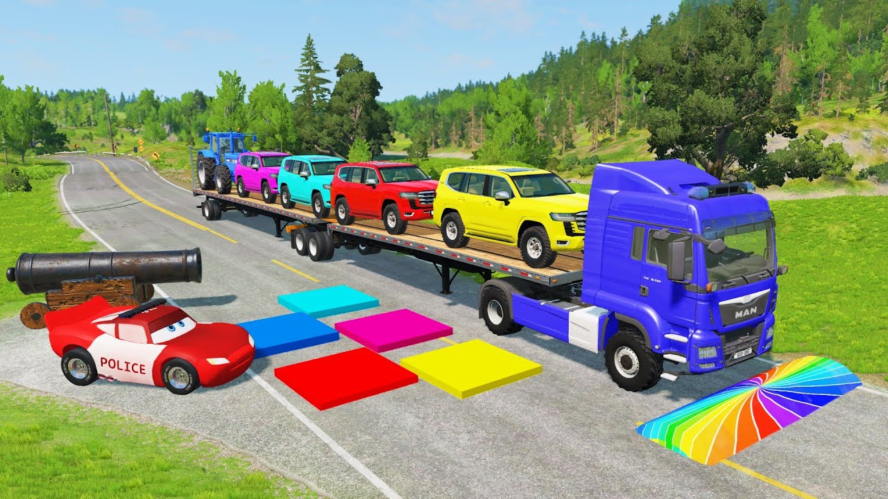 Flatbed Truck McQueen | Transportation with Truck - Pothole vs Car #06 | BeamNG.Drive Gameplay