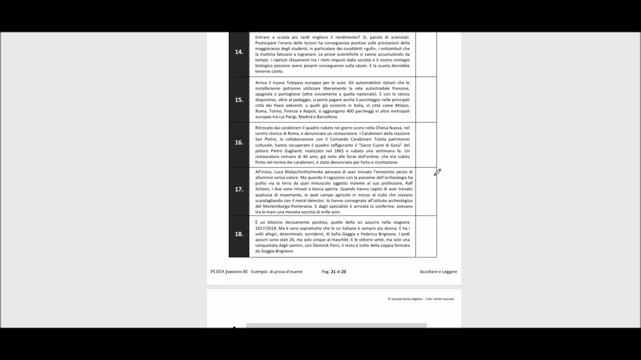 PLIDA B1 Juniores | Comprensione della Lettura | 2/2 con soluzioni