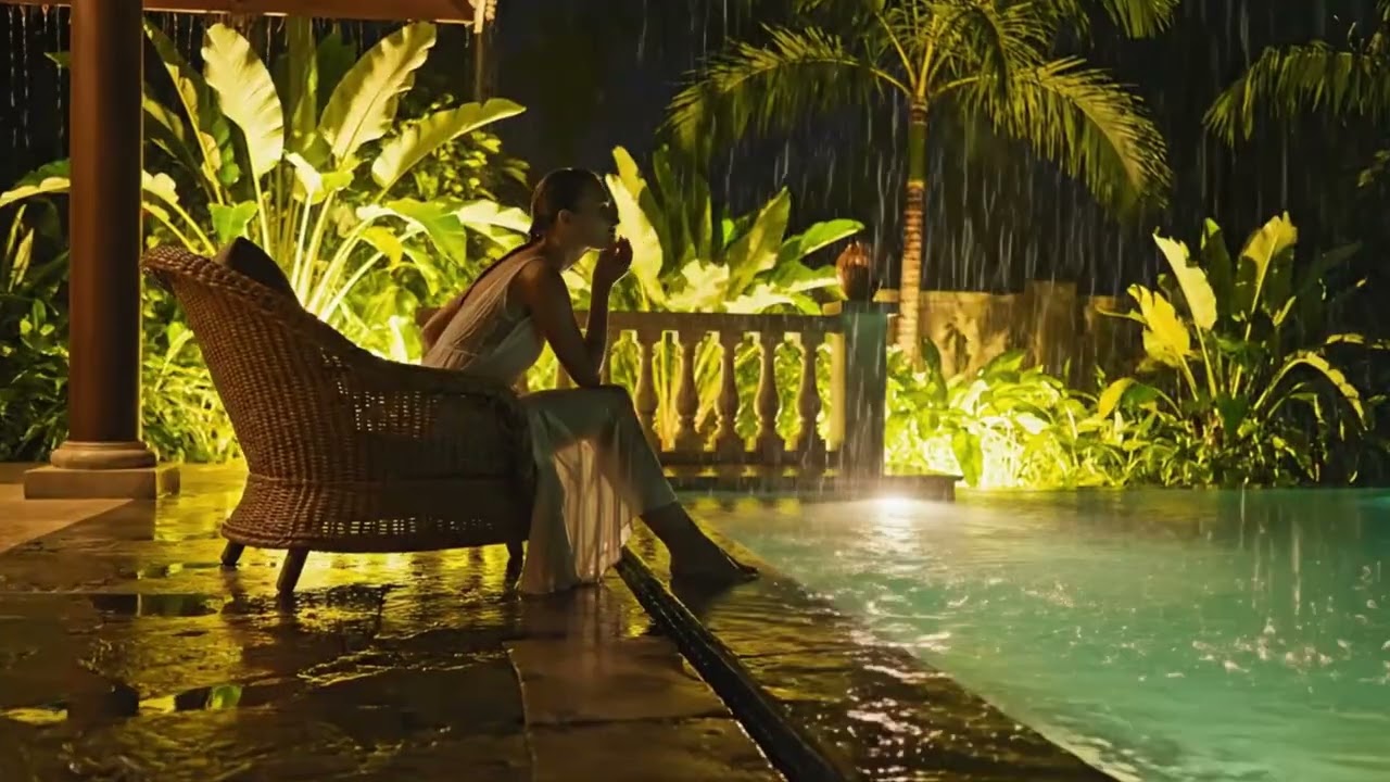 Luxury Night Relax Sleep 10 Hours 🌴 Lo Fi Tropical Villa & Rain Sounds 🌧️ Deep Sleep, Study Music