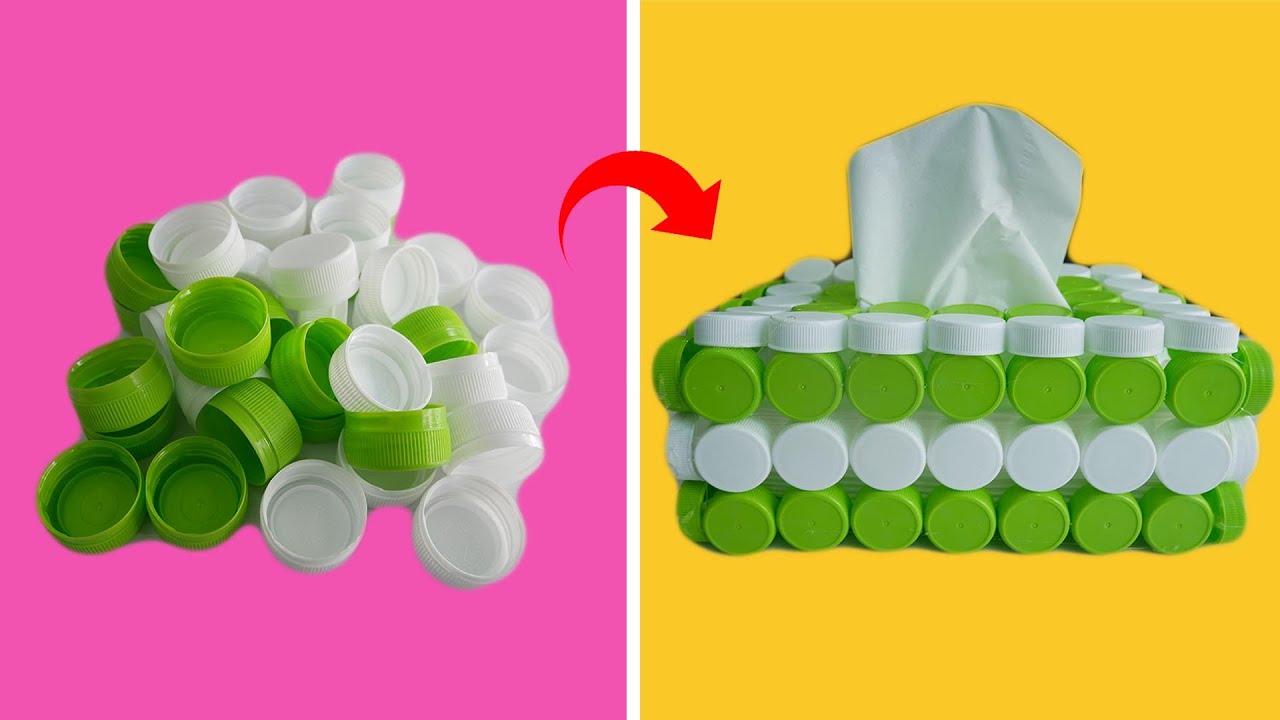 Tissue box from plastic bottle caps / Tempat tisu dari Tutup Botol / การทำกล่องใส่ทิชชูจากฝาขวดน้ำ