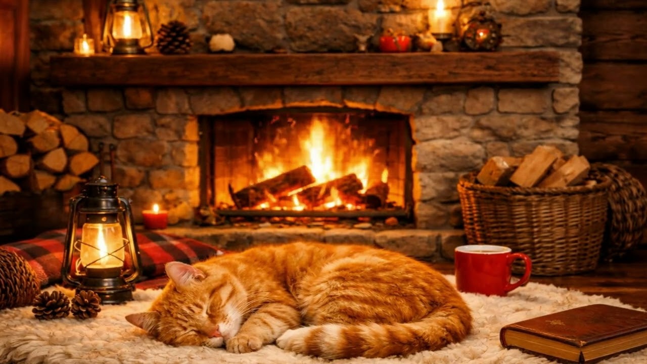 Sleeping Cat by the Fireplace 🐱🔥 | Cozy Night Ambience for Sleep