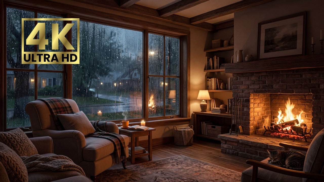 Rain on Window in Cozy Room 🌧 Fireplace & Rain Sounds for Sleep (1 Hour)