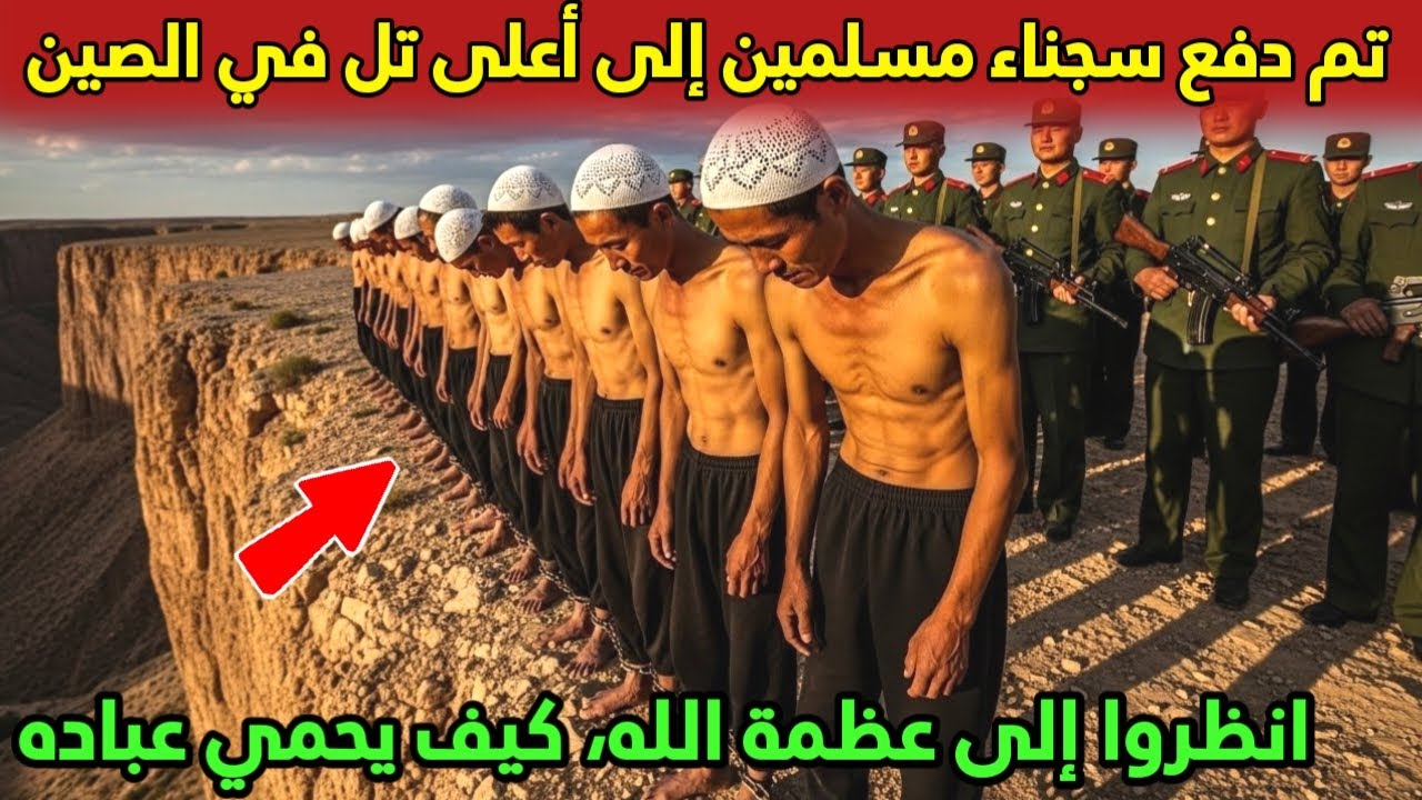 تم دفع سجناء مسلمين إلى أعلى تل في الصين انظروا إلى عظمة الله، كيف يحمي عباده.