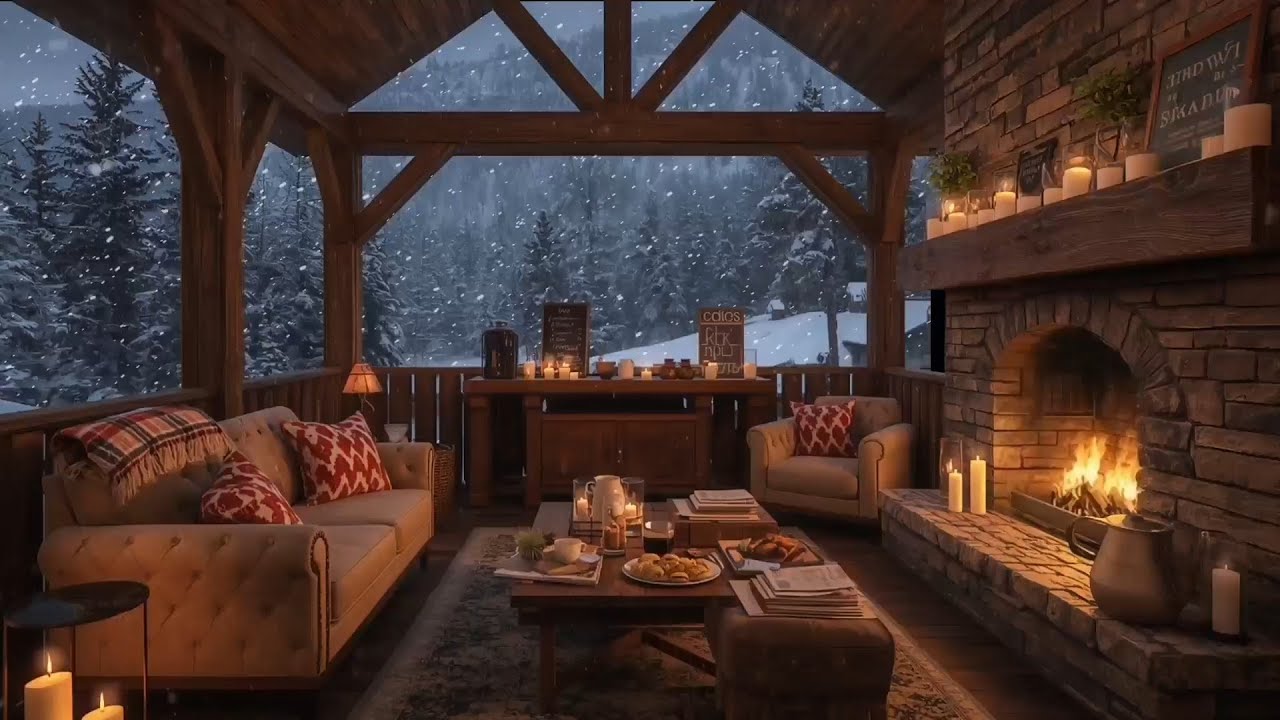 Snowy Cabin Fireplace Jazz ☕ Relaxing Winter Lounge Music for Deep Calm & Focus