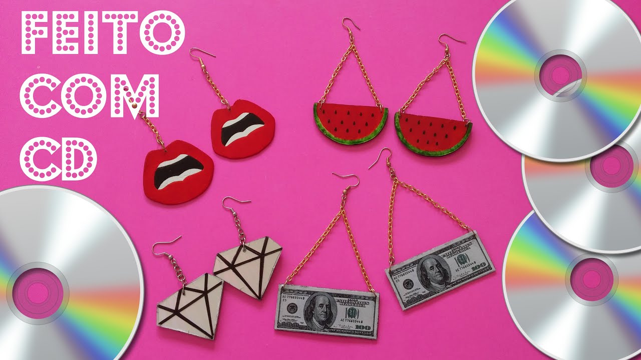DIY - 4 BRINCOS GRINGOS USANDO CD / FUNNY EARRING USING CD