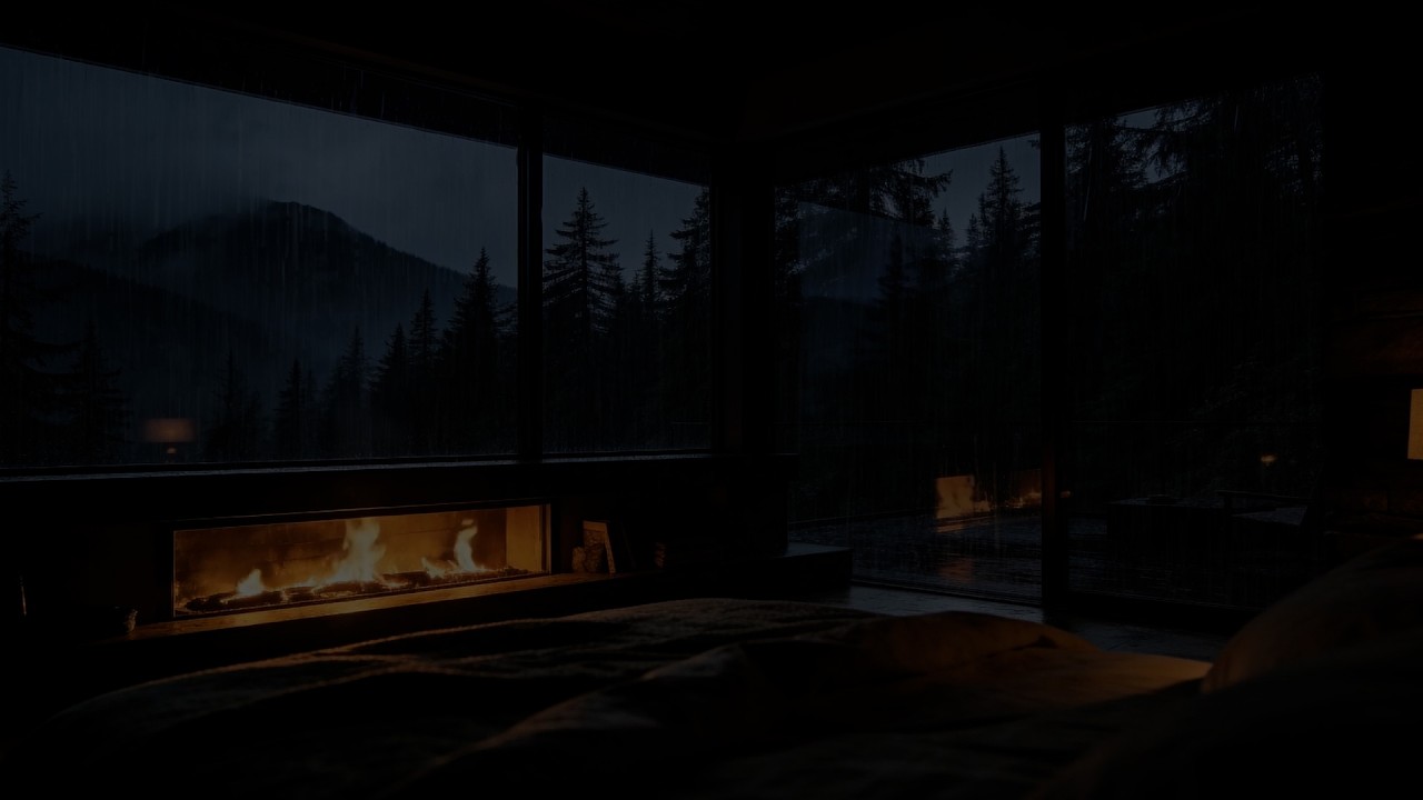 Dark Rainy Bedroom Fireplace 🌧️🔥 Rain ASMR for Deep Sleep | Cozy Mountain Night Ambience (No Ads)