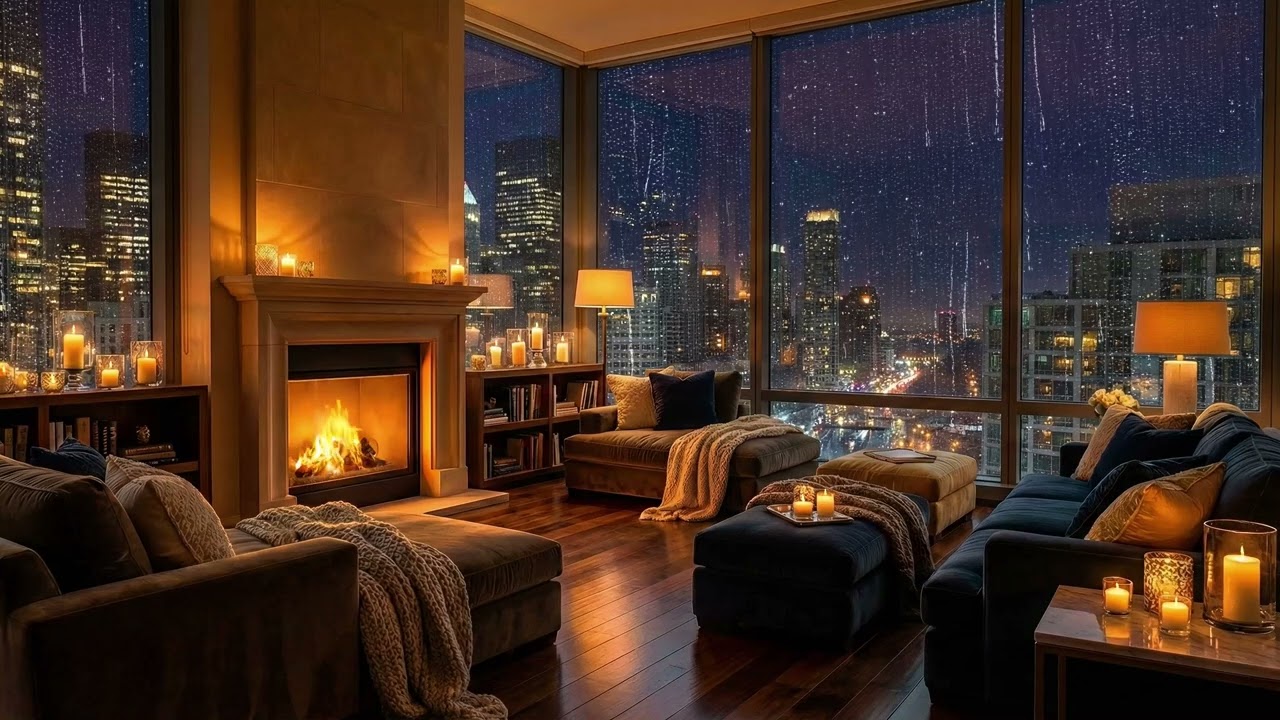 Rainy Skyline at Night & Crackling Fireplace | Luxury Penthouse Ambience for Deep Sleep