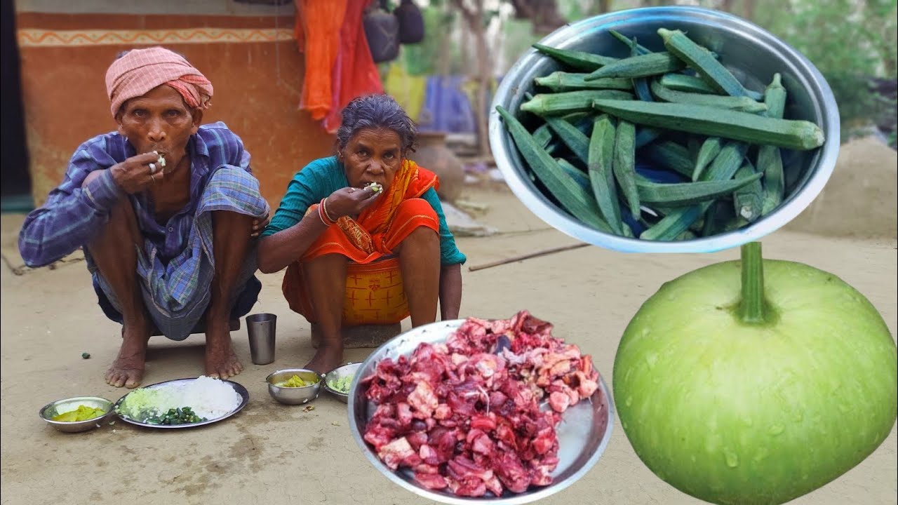 80years old grandma cooking CHICKEN || BOTTLE GOURD || LADYFINGER curry and eating with hot rice