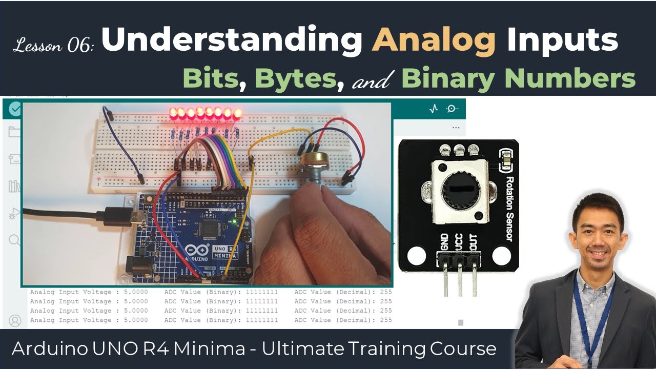 Arduino UNO R4, Урок 6. Как считывать показания аналоговых датчиков? Потенциометр | Биты, байты и...