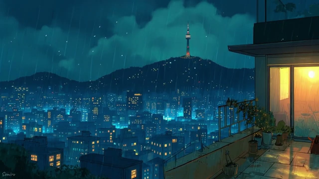 Rainy Night in Seoul with Namsan Tower 🌧️ | Warm City Lights & Rain Sounds | Somiru