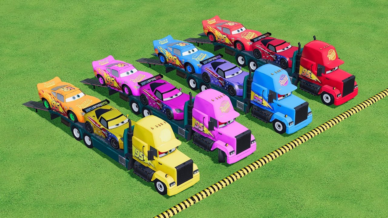 Garage with Colors   ALL MIXER TRUCK WITH DOUBLE FLATBED TRAILER TRUCK, SCANIA, KAMAZ, McQueen