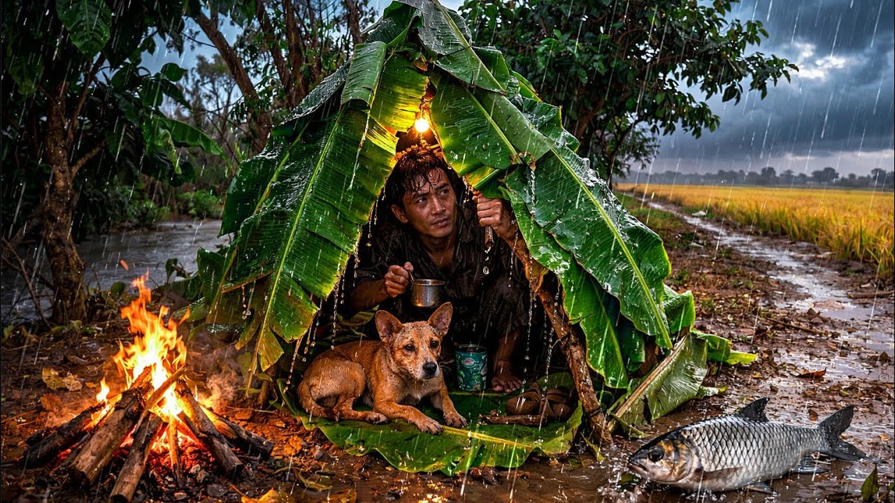 Solo survival camping in heavy rain | Build a shelter using banana leaves