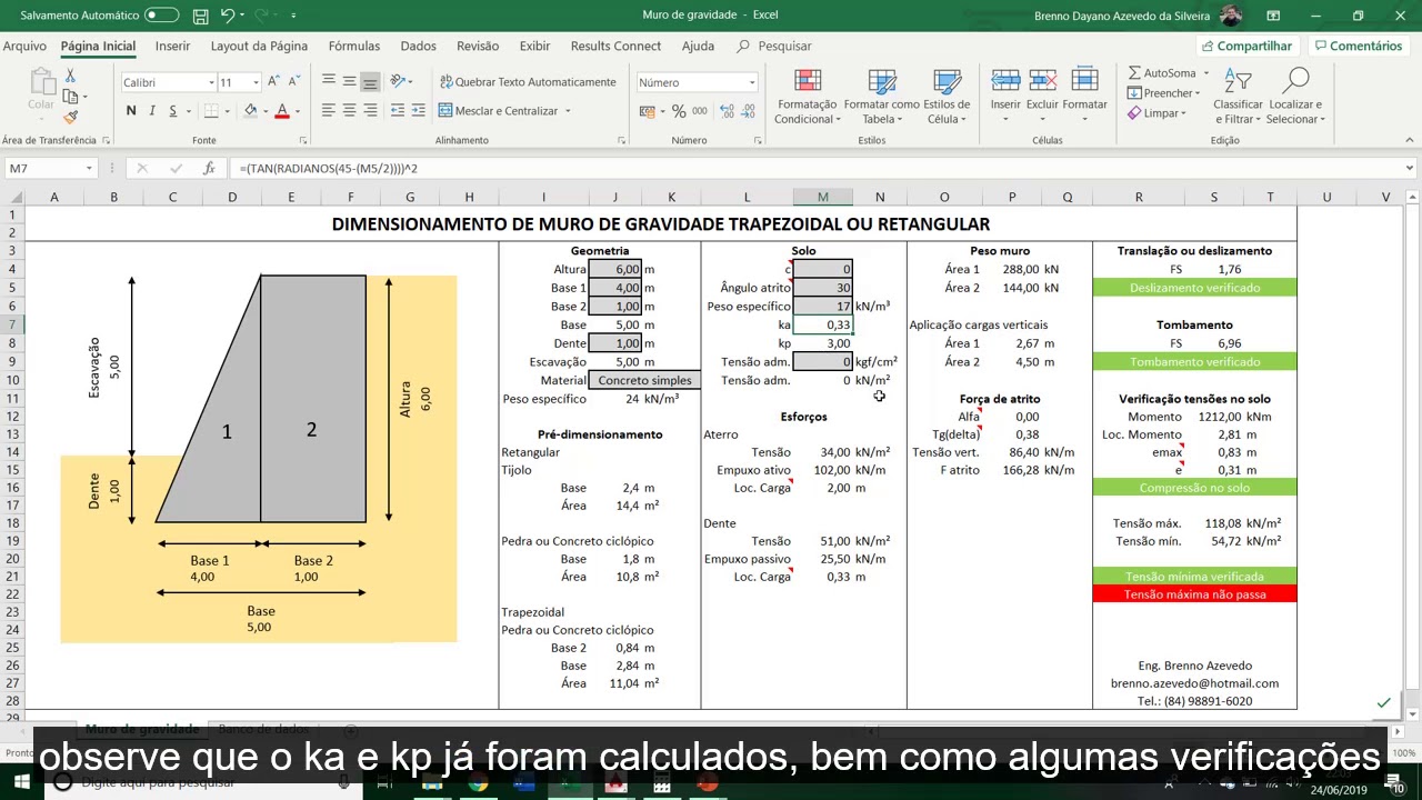 Planilha para dimensionamento de contenção com muro de gravidade