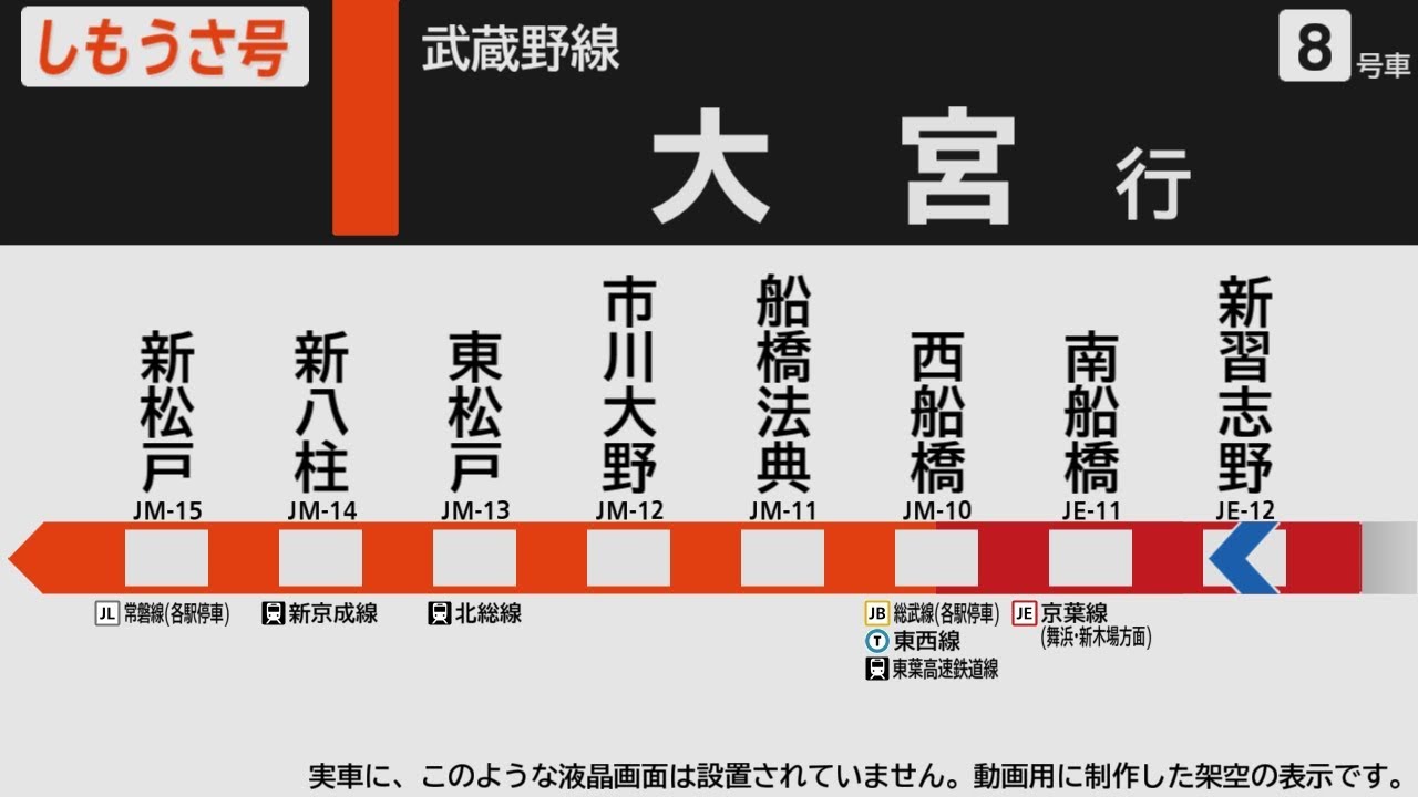 【自動放送】武蔵野線 [しもうさ号] 新習志野→大宮【架空LCD】