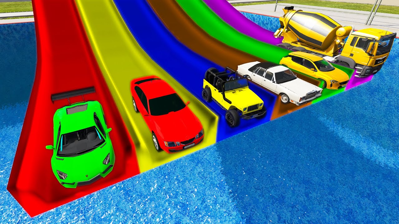 Cars Slide Through Slide Color Into Water Pool &mdash; Cars vs Deep Water &mdash; BeamNG.Drive &mdash; Rescind Gaming