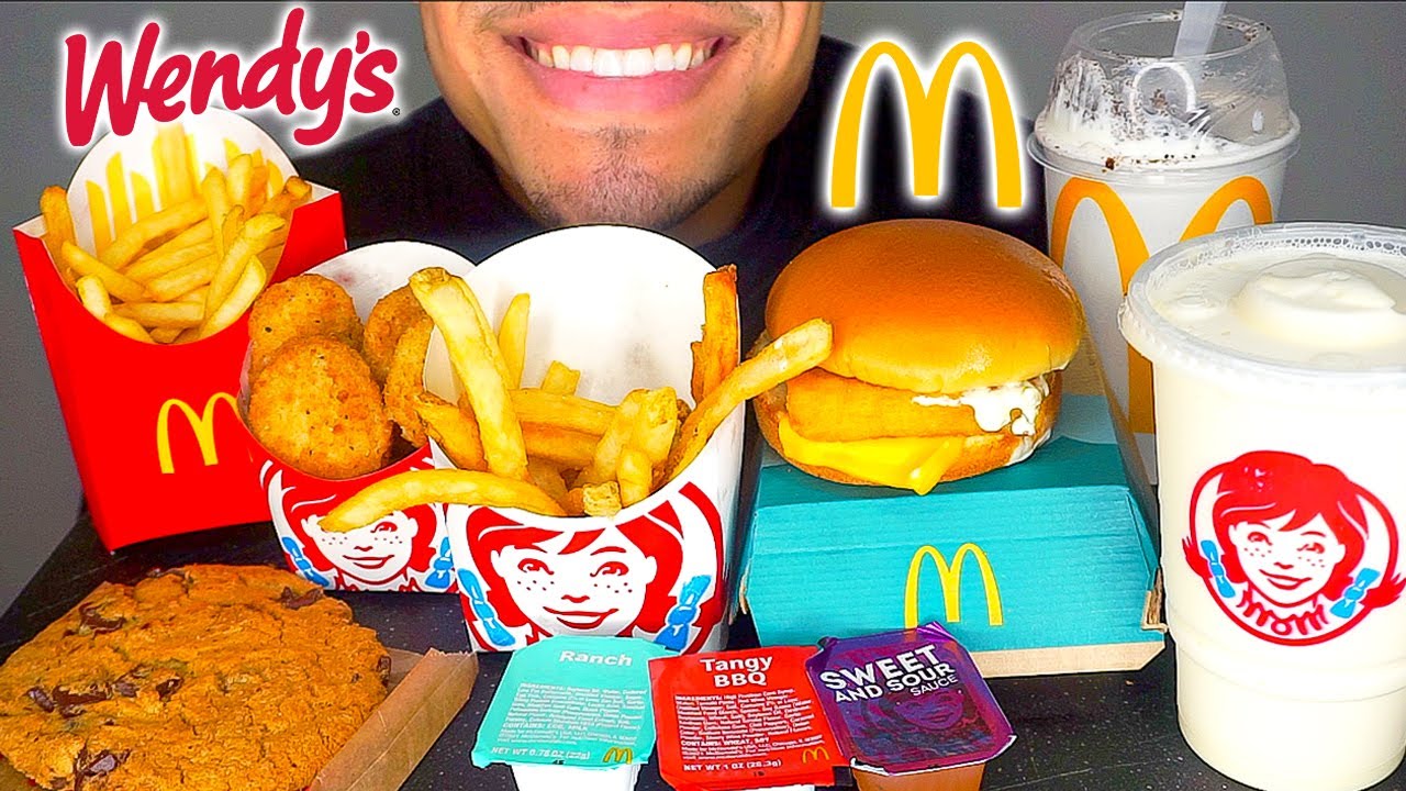 ASMR MCDONALD'S VS WENDY'S MUKBANG EATING CHICKEN NUGGETS FRIES OREO MCFLURRY FROSTY COOKIE SUNDAE