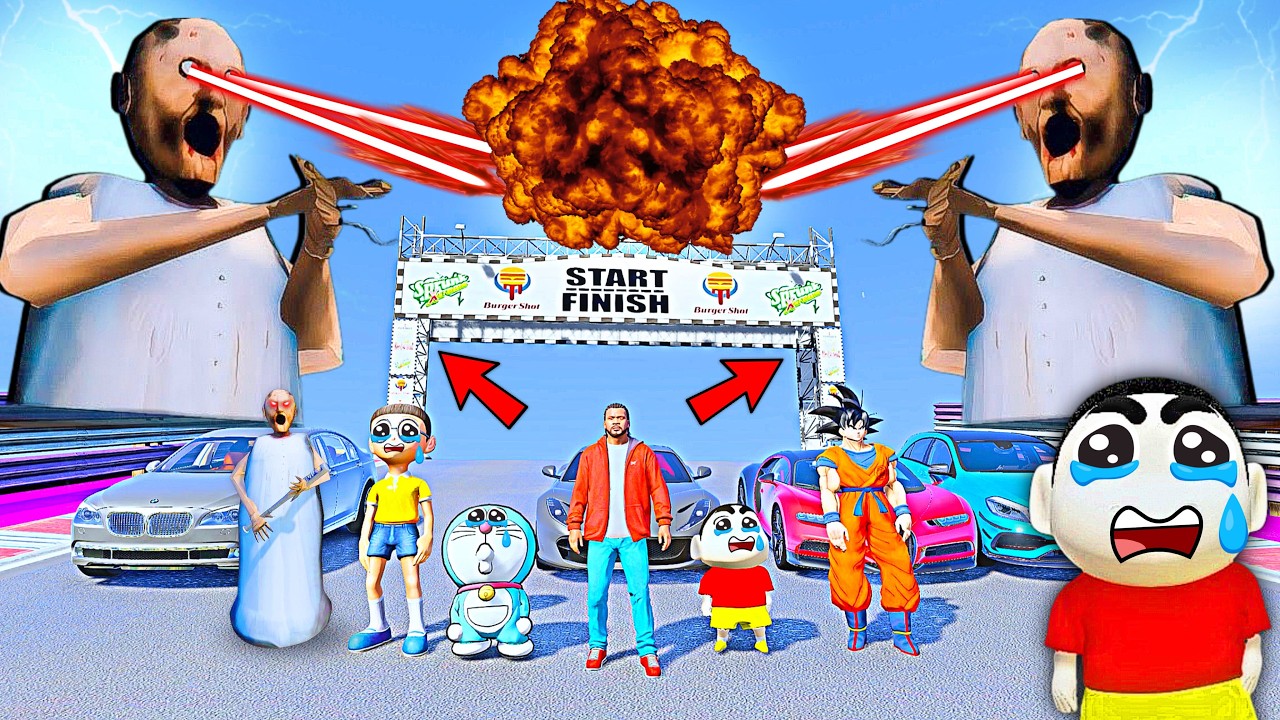 GRANNY MEGA DANGER RAMP 🚗 CHALLENGE WITH SHINCHAN DORAEMON & GREEN HULK 😰 SUPER CAR GIFTS 😭