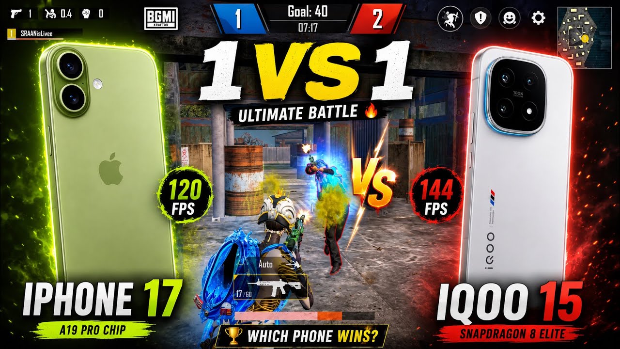🔥 iPhone 17 vs iQOO 15 😱 | BGMI 1v1 Ultimate Battle | 120 FPS vs 144 FPS
