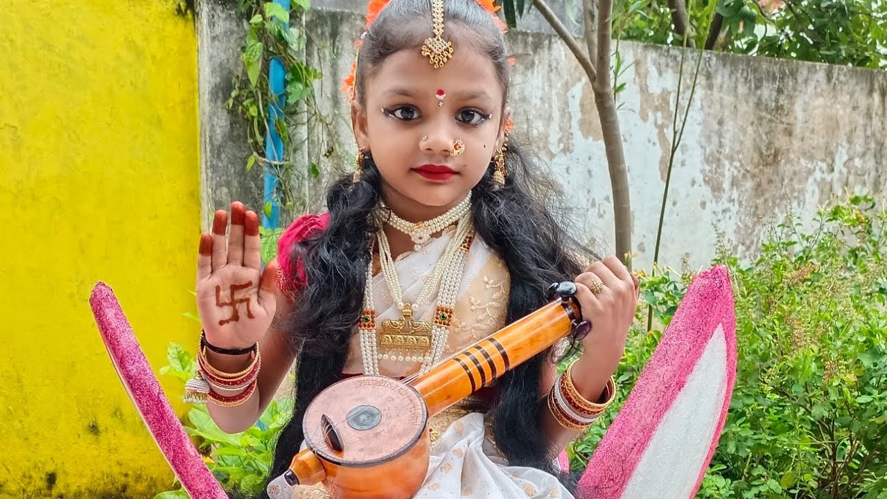 Goddess Saraswati devi saree draping and makeup tutorial for kids fancy dress..
