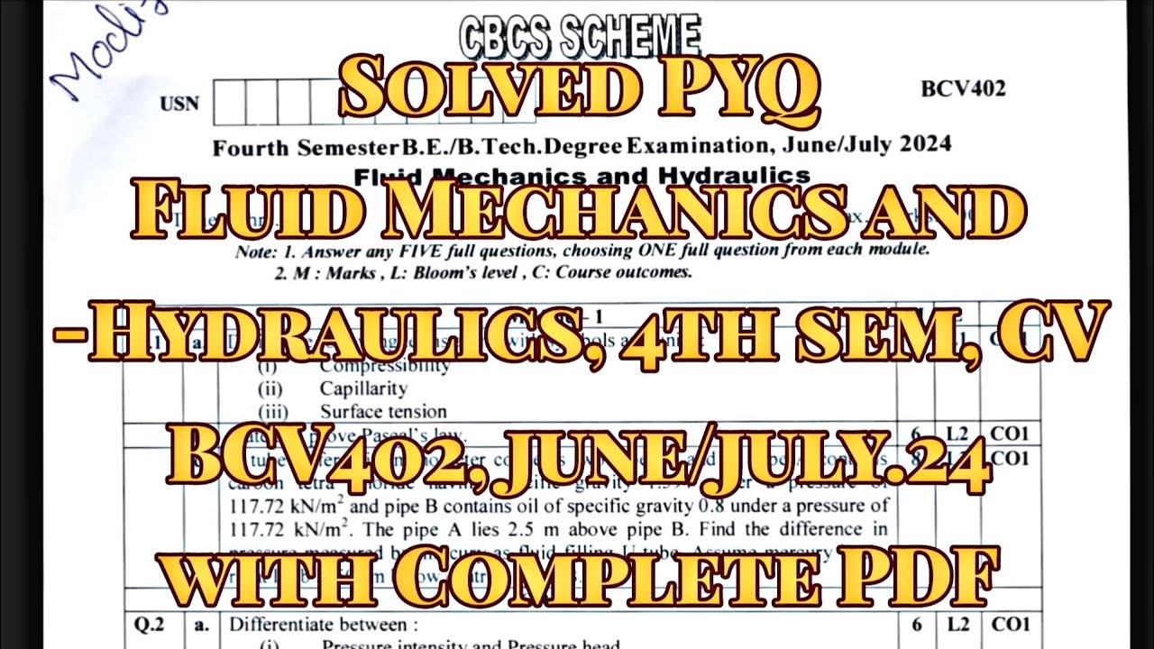 Fluid Mechanics and Hydraulics, Solved PYQ, BCV402, June/July.24, 22 scheme, CV Stream with pdf