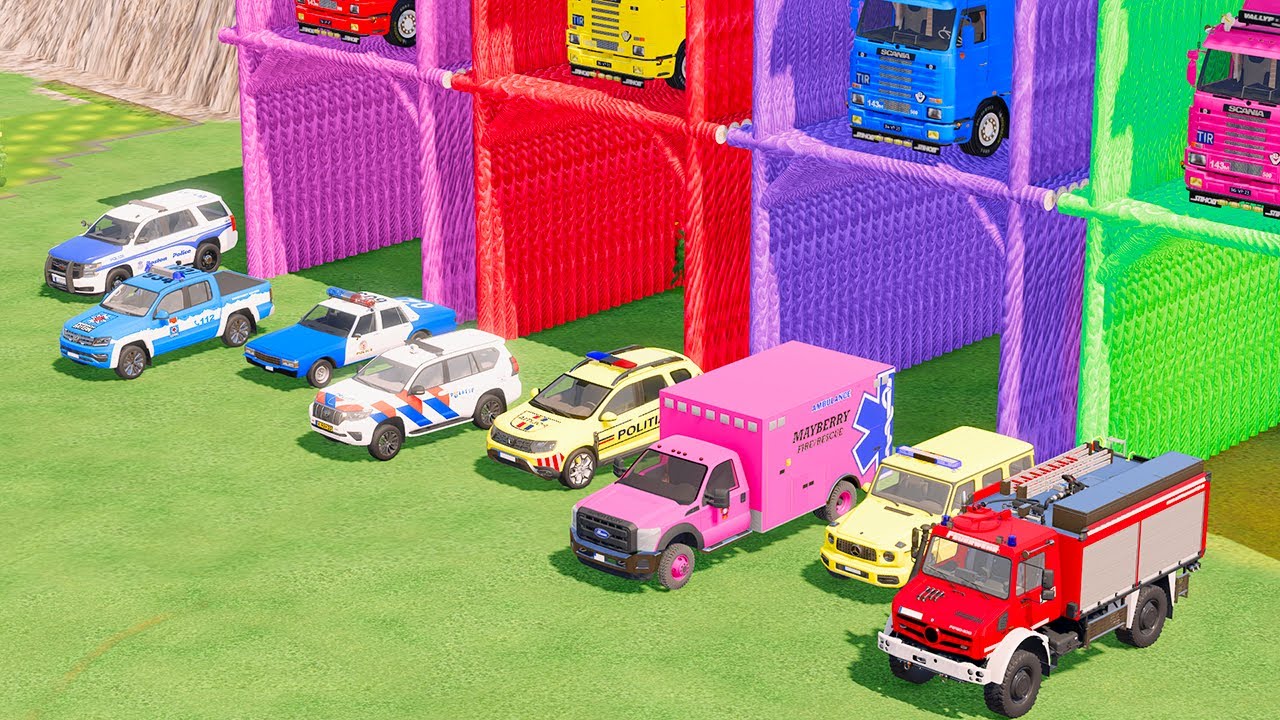 POLICE CARS, AMBULANCE, FIRE DEPARTMENT VEHICLES TRANSPORTING WITH TRUCKS ! Farming Simulator 22