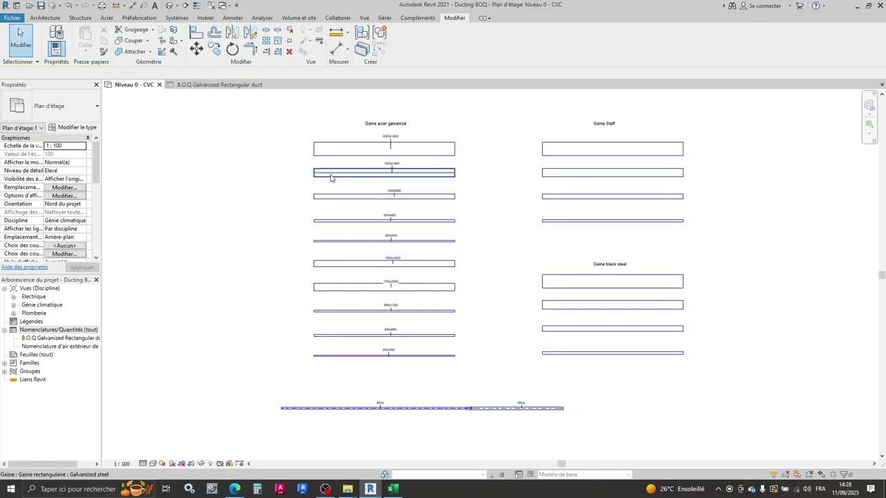 BOQ GALVANIZED RECTANGULAR DUCT VIA REVIT