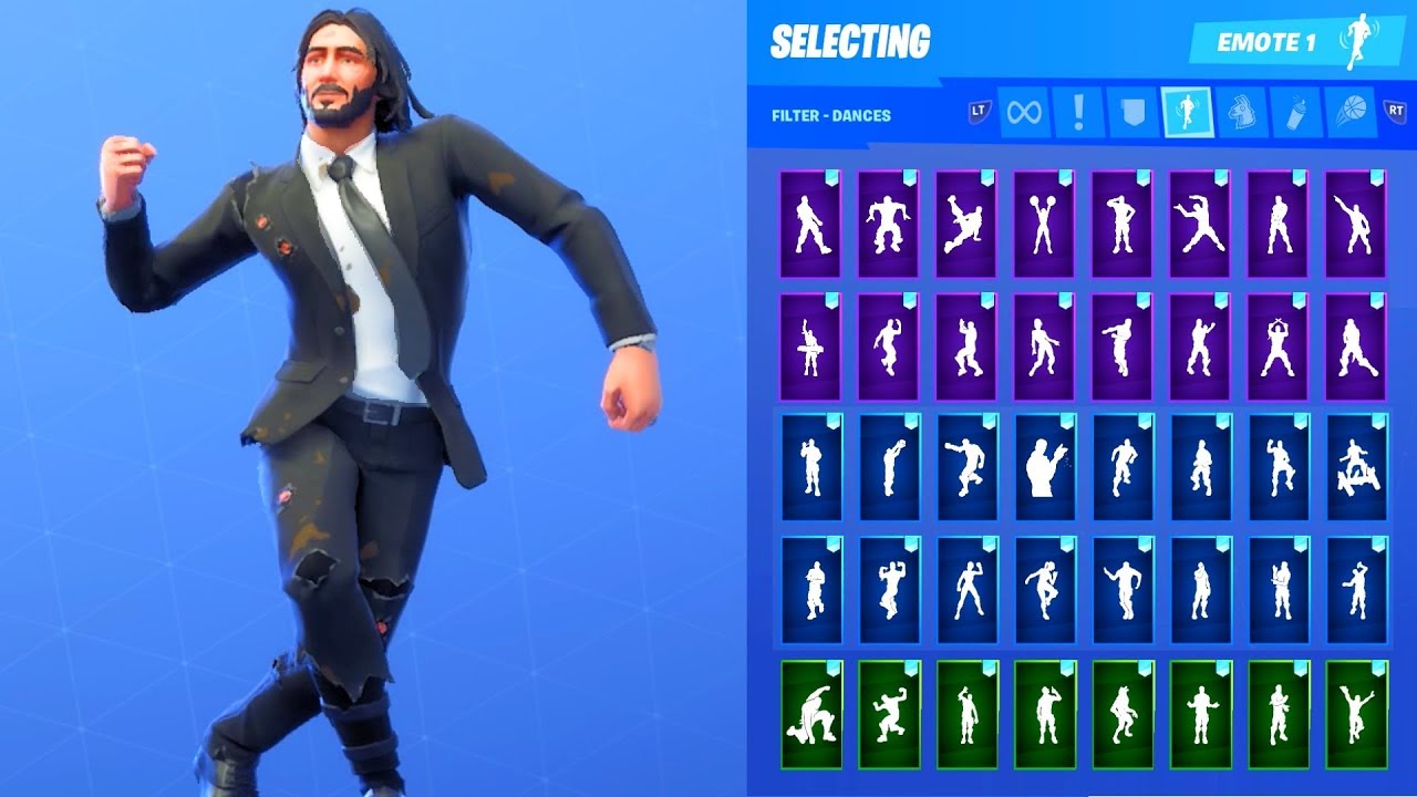 JOHN WICK DAMAGED SKIN SHOWCASE WITH ALL FORTNITE DANCES & EMOTES - JOHN WICK CHAPTER 3 OUTFIT