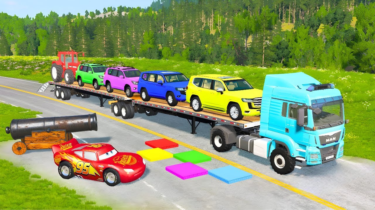 Flatbed Truck Mcqueen | Transportation with Truck - Pothole vs Car #8 - BeamNG.Drive