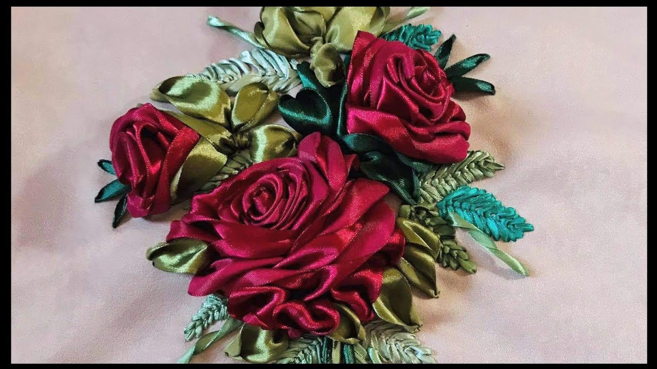 تطريز للمبتدئين بشرائط الساتان  *تابلوه الورده الجوري🌹🌹🌹🌹🌹🌹🌹🌹🌹