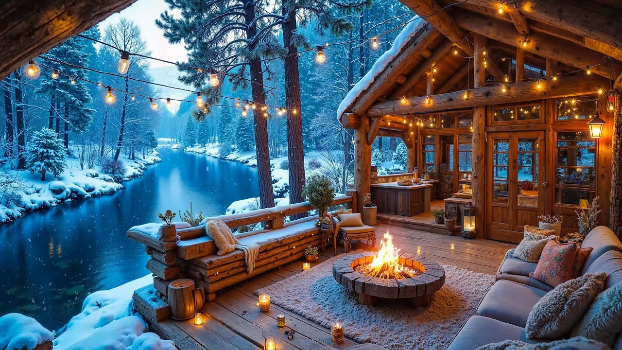 Soothing Riverside Piano Music Cabin Porch ❄️🔥 Warm Firepit, Nature Sounds & Gentle Winter Ambience