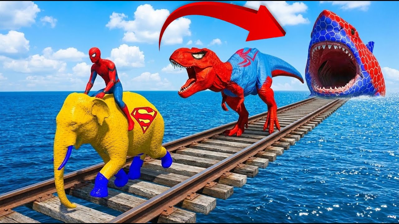 Spider-Man T-Rex vs Shark & Elephant Army - Epic Battle! (Homem-Aranha vs Tubarão & Elefante)