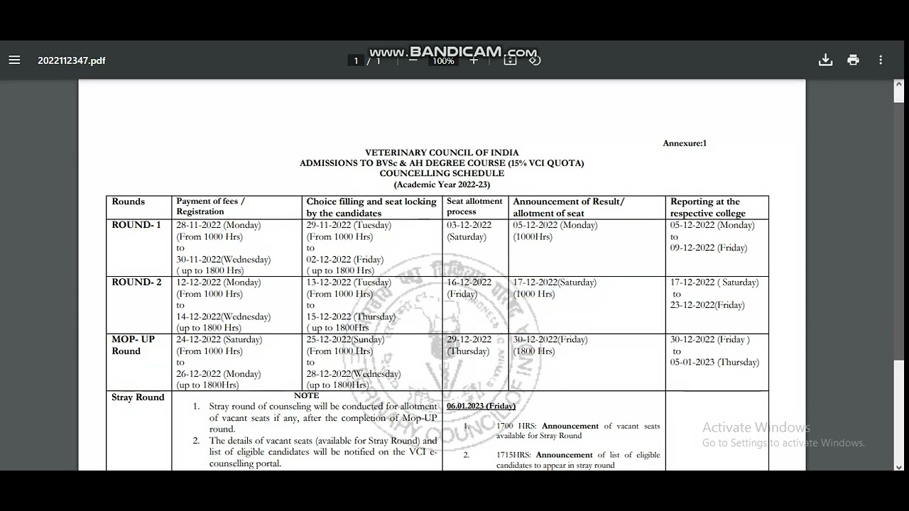 VETERINARY COUNSELLING SCHEDULE 2022