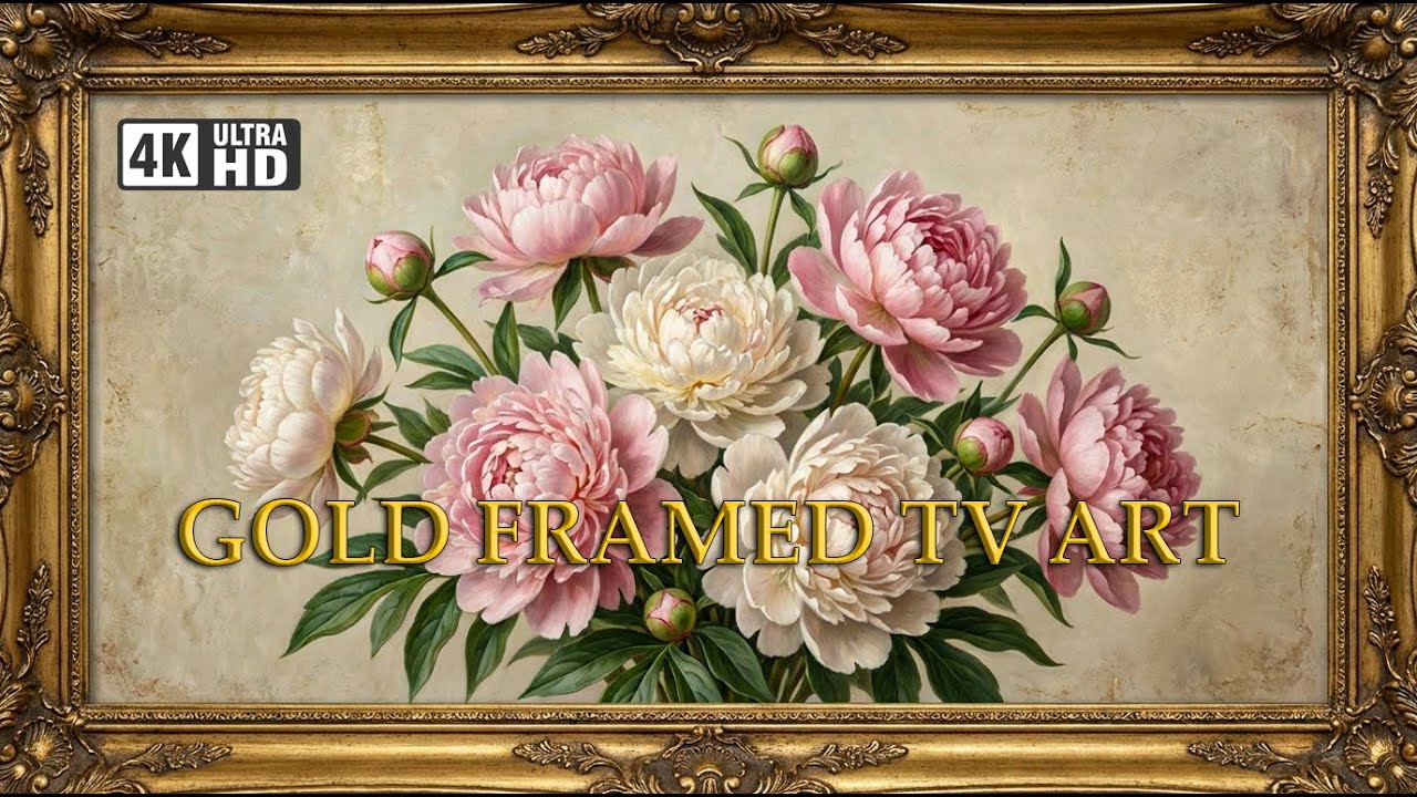Elegant Peonies Bouquet | Gold Framed 4K Art Screensaver | Pastel Floral TV Wallpaper