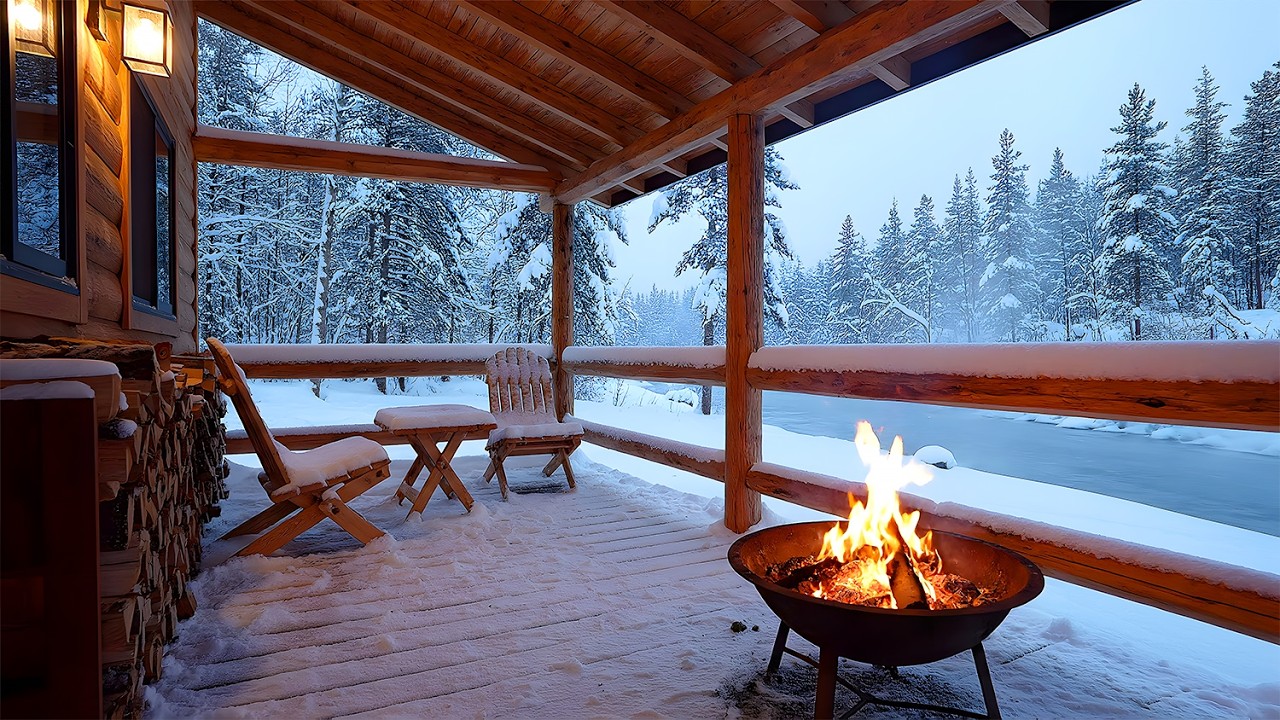 Ultimate Blizzard Seclusion: Cozy Log Cabin Porch & Roaring Fire Pit (Ambient ASMR)