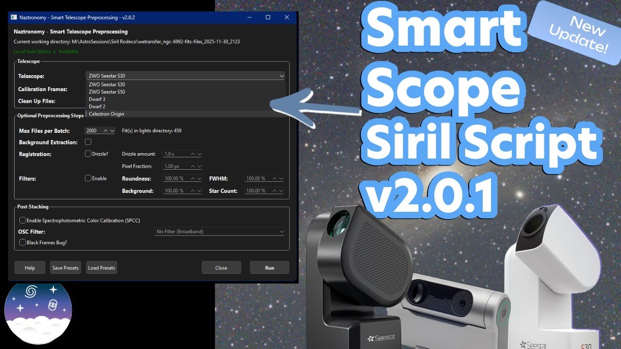 Скрипт стекирования Siril Smart Scope версии 2.0.1 уже здесь — что вам нужно знать