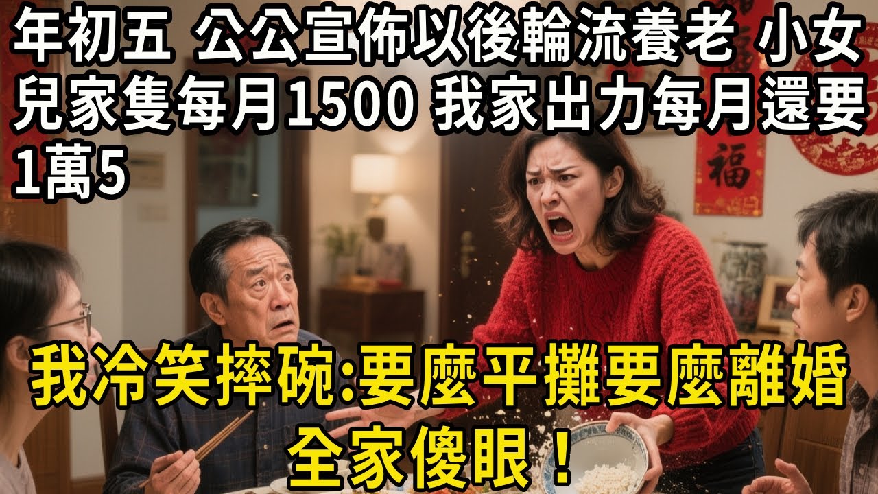 年初五，公公宣佈以後輪流養老，小女兒家隻每月1500，我家出力每月還1萬5。我直接摔碗：要麼平攤，要麼離婚！全家傻眼！