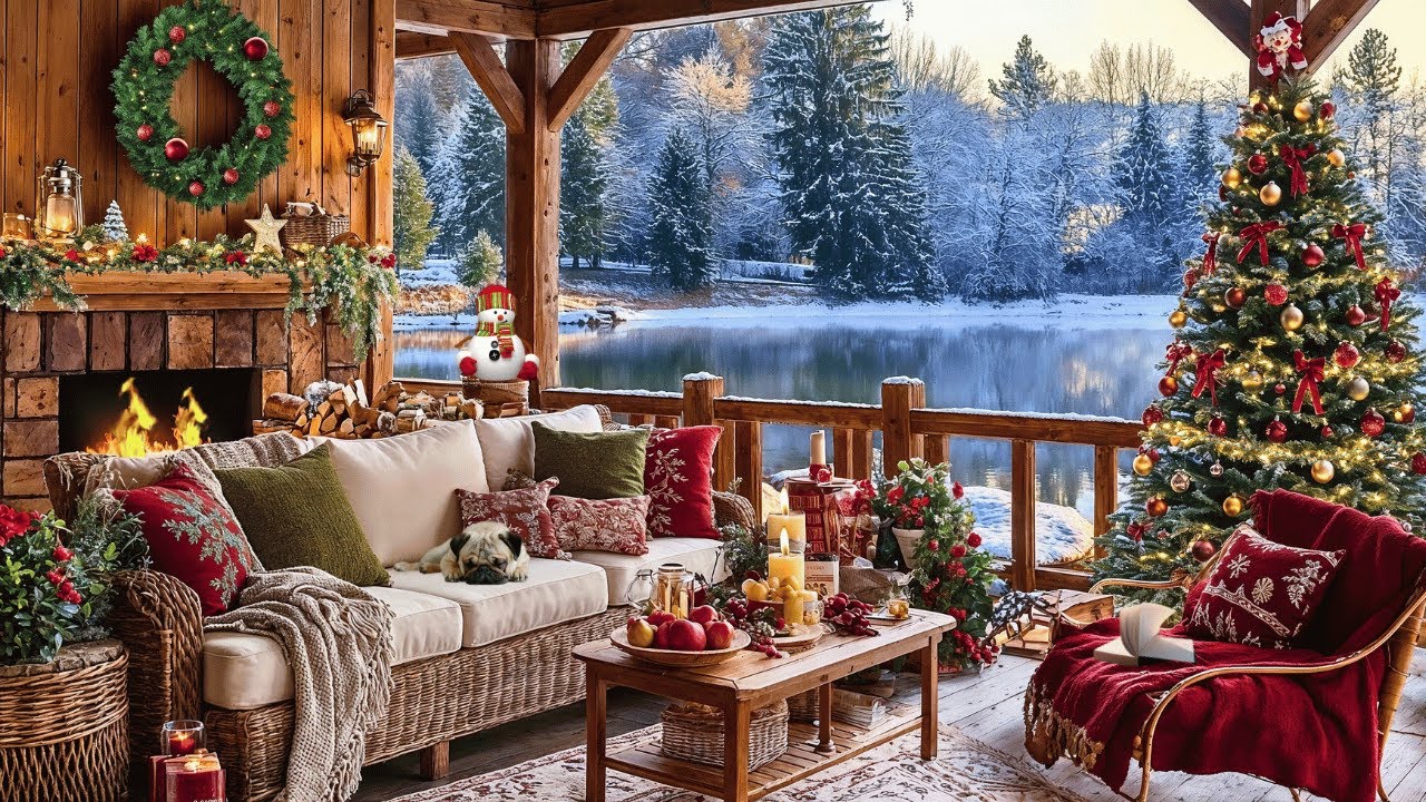 Christmas Jazz Instrumental Music 🎄🎉 Cozy Snowy Terrace with Fireplace🔥 & Festive Ambience for Work