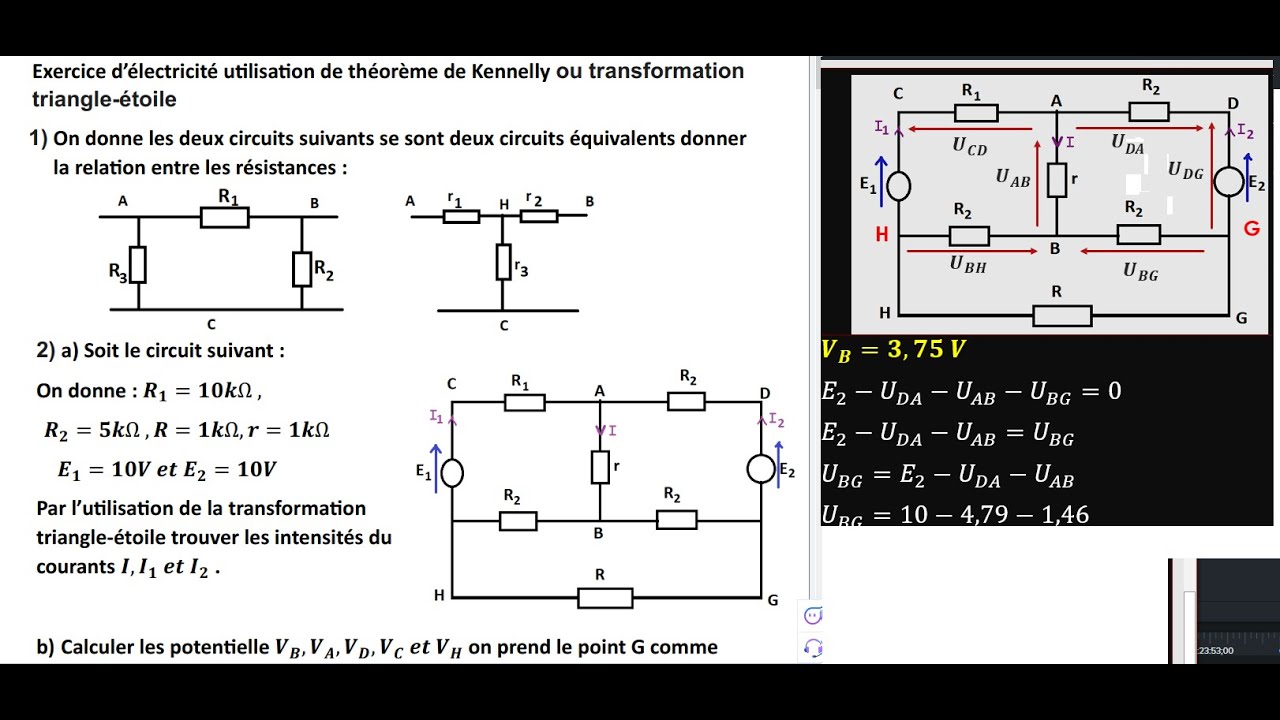 exercice d'électricité utilisation de théorème de Kennelly ou transformation triangle-étoile