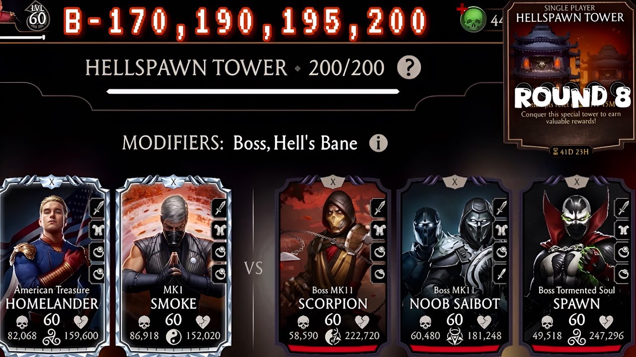 Hellspawn Tower Boss Battle 200 & 170, 190 Fight + Reward MK Mobile | MK1 characters
