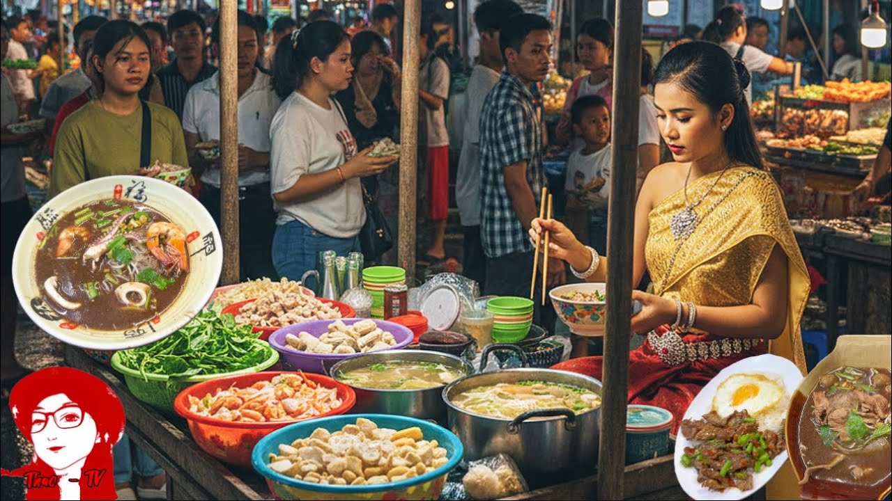 🇰🇭CAMBODIAN STREET FOOD in Bavet Market! Enjoy KHMER Noodle Soup - Cambodia today nightlife