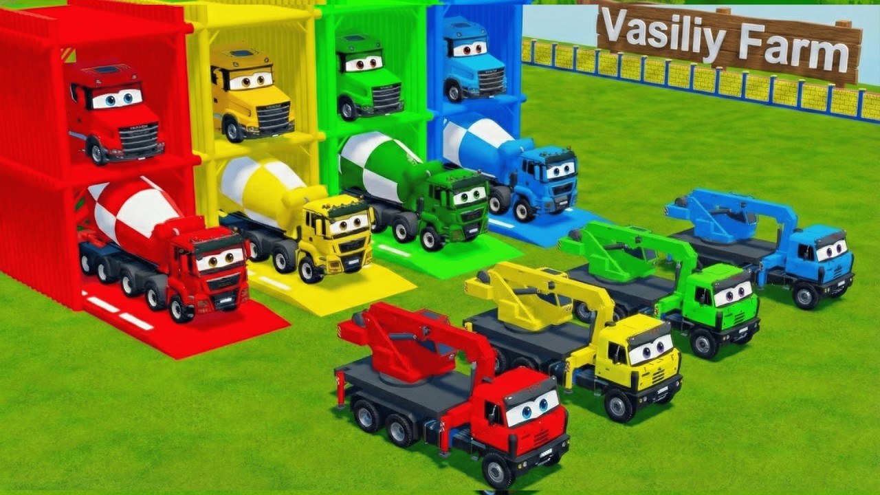 Garage with Colors - ALL MIXER TRUCK WITH DOUBLE FLATBED TRAILER TRUCK, VOLVO, MAN, MACK - FS22