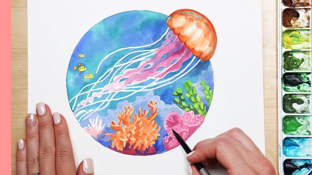 Watercolor Jellyfish and Coral Reef Painting Step by Step Tutorial