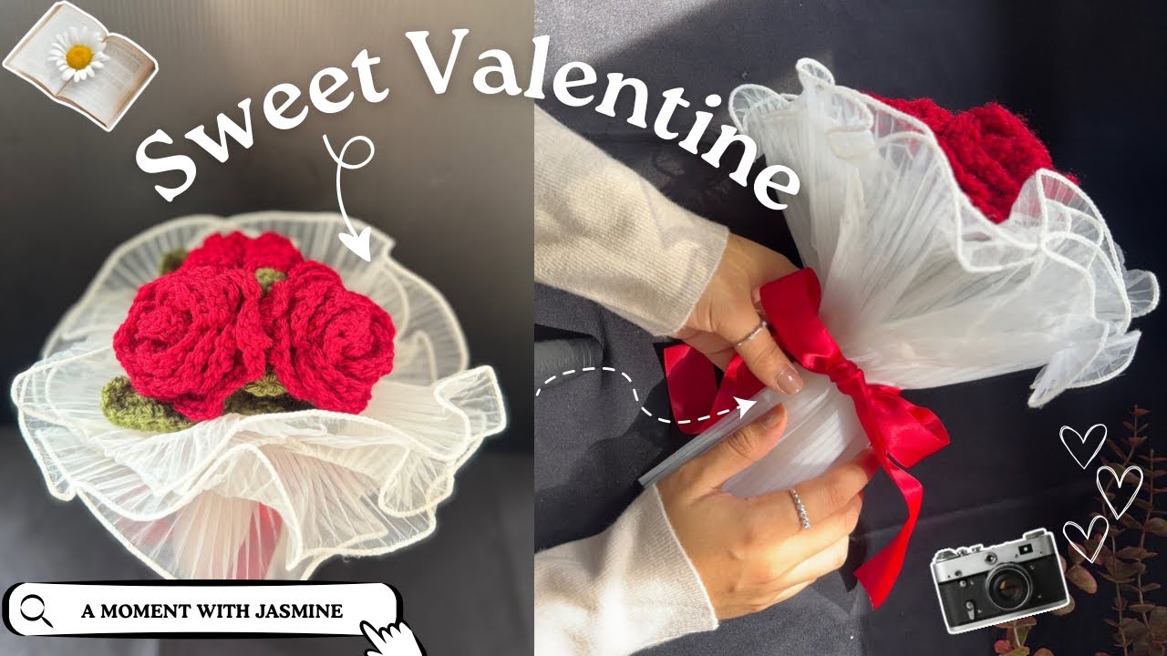 Three roses, one heart 💕Make this Valentine’s bouquet for someone you love🌹 #handmade #crochet #rose